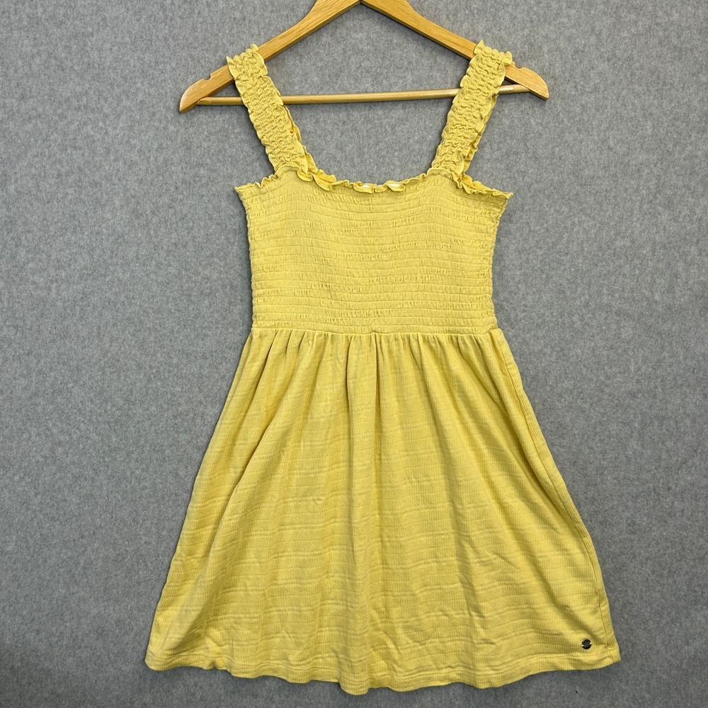 Roxy Size Small Tank Dress Yellow Smocked Ruffle Strap Ribbed Mini Summer Beachy